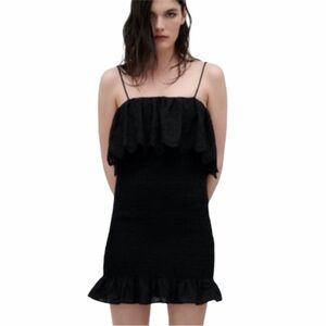 ZARA Strappy Smocked Embroidered Ruffle Bodycon Mini Dress Size Small